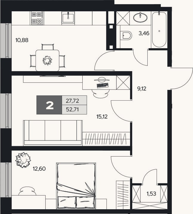 Планировка: 2-к, 52,7 м²