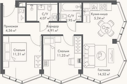 Планировка: 3-к, 58,6 м²
