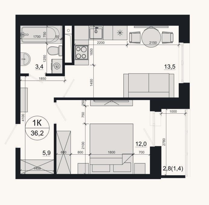 Планировка: 1-к, 34,8 м²