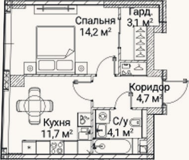Планировка: 1-к, 38,4 м²