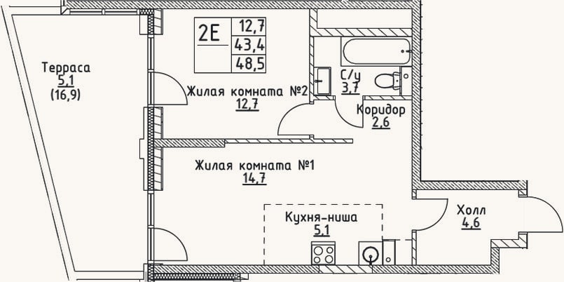 Планировка: 2-к, 43,4 м²