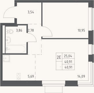 Планировка: 2-к, 40,9 м²