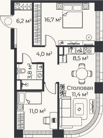 Планировка: 3-к, 61,5 м²