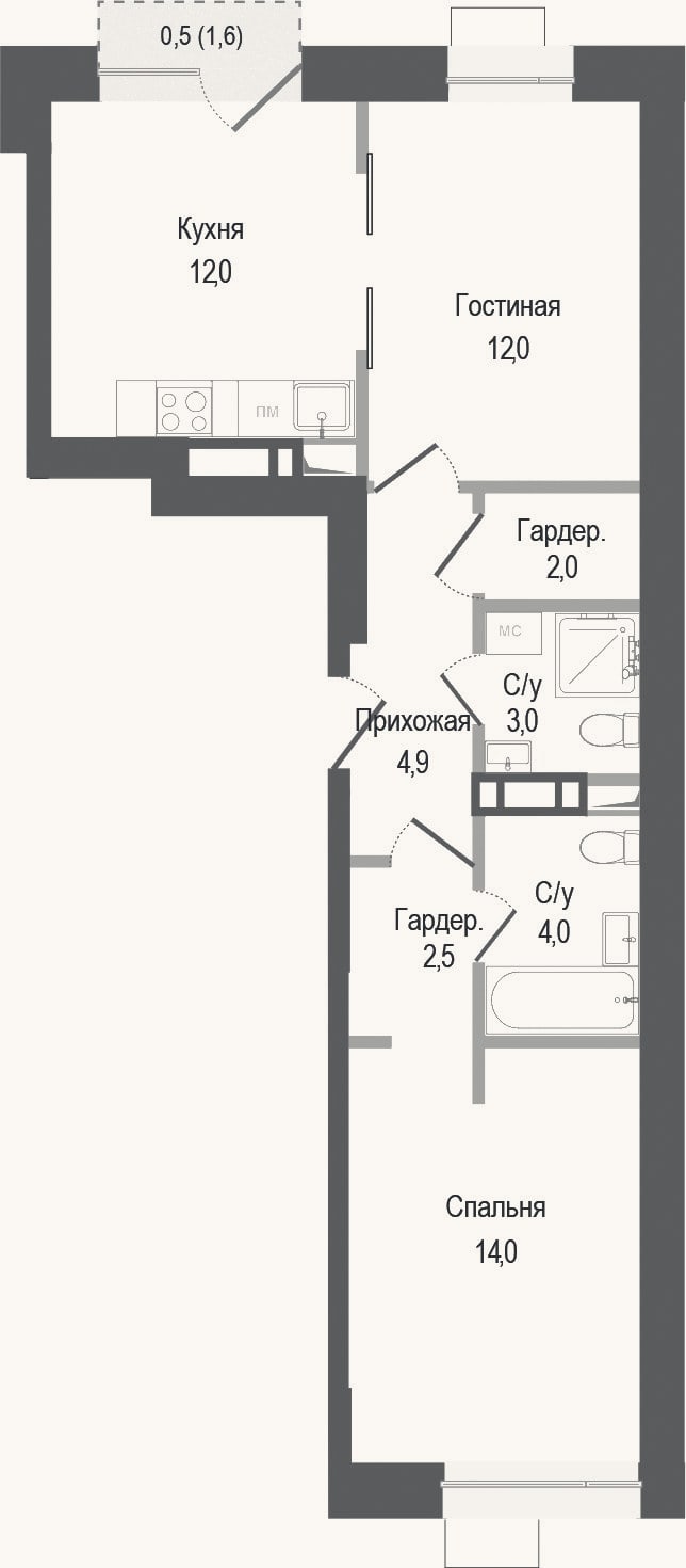 Планировка: 2-к, 54,4 м²