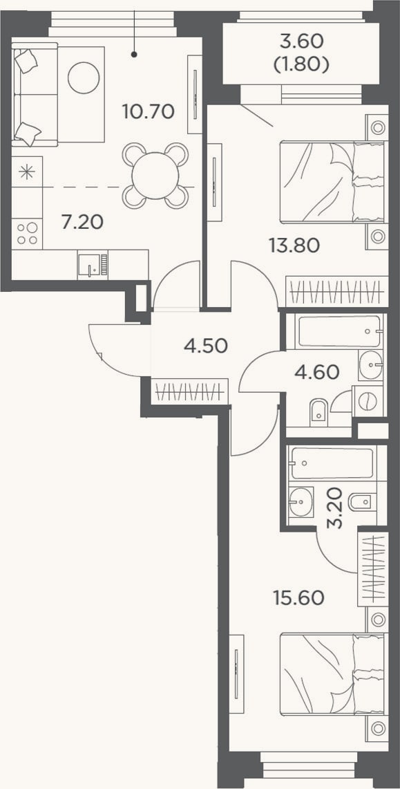 Планировка: 3-к, 59,8 м²