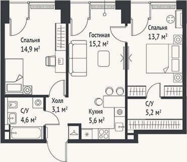 Планировка: 3-к, 62,2 м²