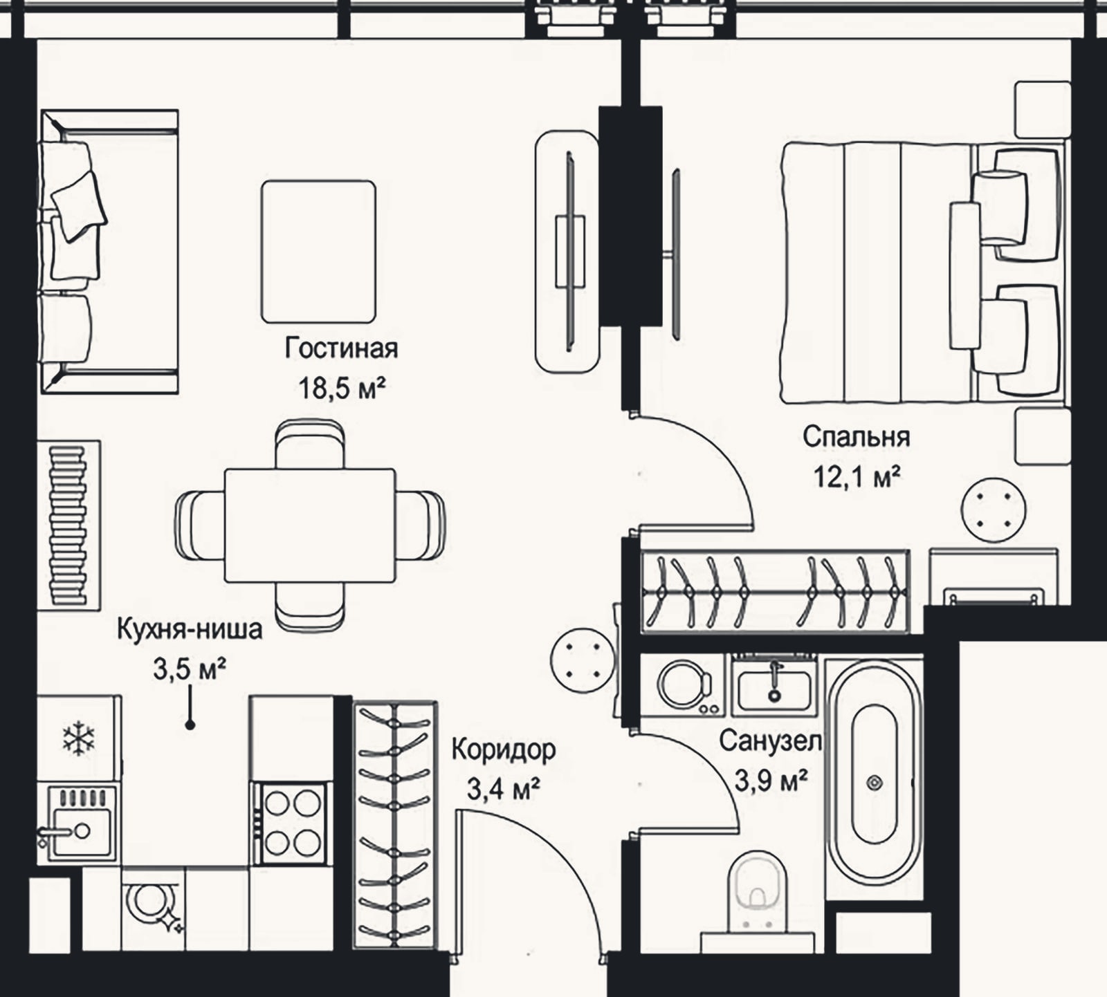 Планировка: 2-к, 41,8 м²