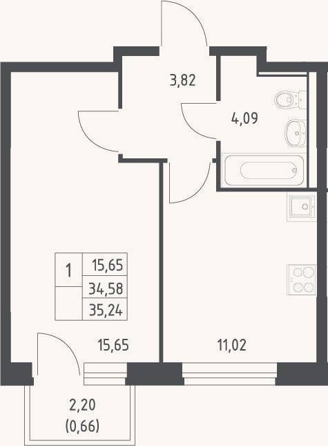 Планировка: 1-к, 34,6 м²