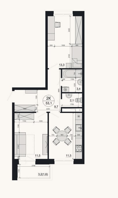 Планировка: 2-к, 51,5 м²
