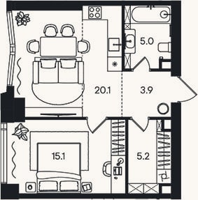 Планировка: 2-к, 49,3 м²
