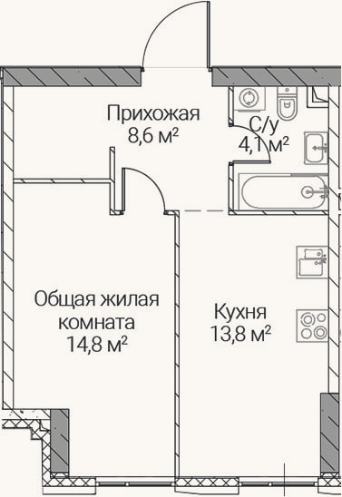 Планировка: 1-к, 41,3 м²