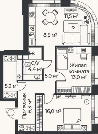 Планировка: 3-к, 69,9 м²