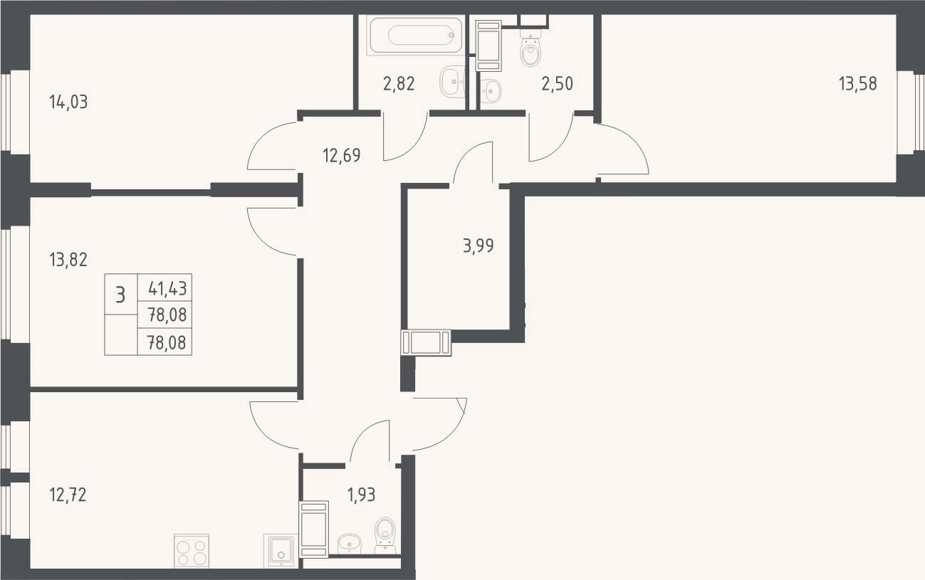 Планировка: 3-к, 78,1 м²