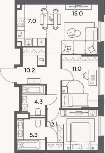 Планировка: 3-к, 64,9 м²
