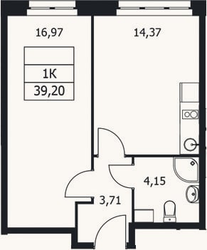 Планировка: 1-к, 39,2 м²