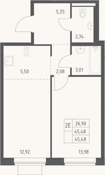 Планировка: 2-к, 45,5 м²