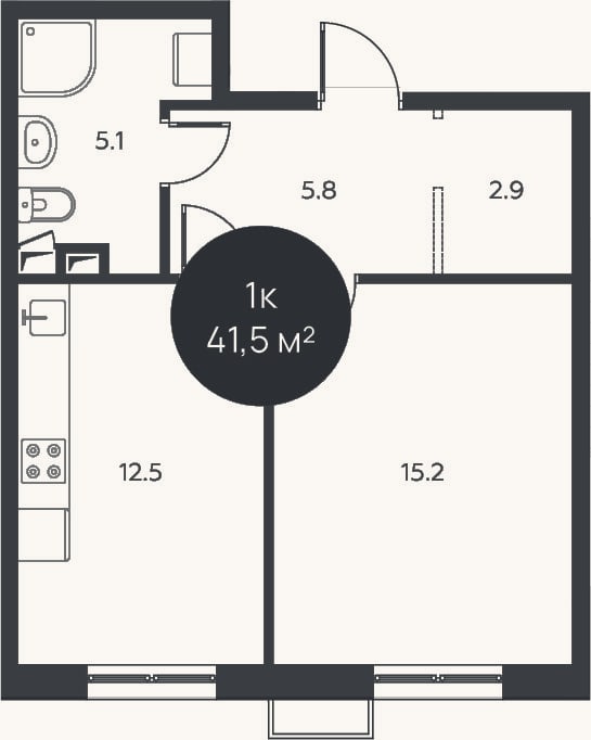 Планировка: 1-к, 41,5 м²