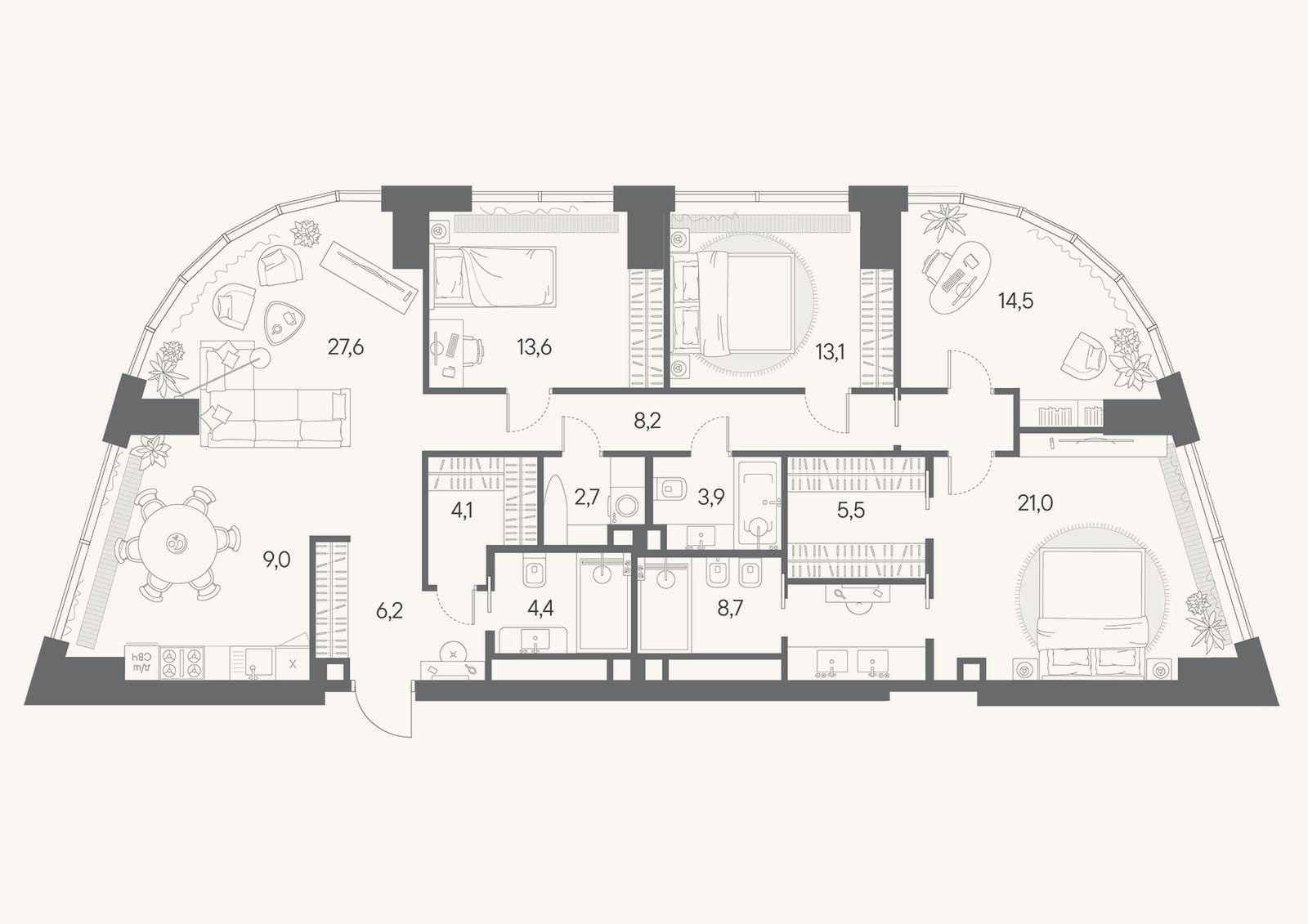Планировка: 4+ к, 142,5 м²
