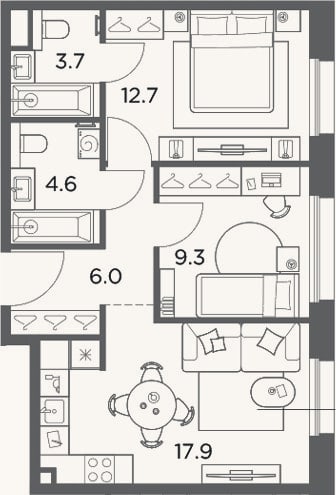 Планировка: 2-к, 54,2 м²