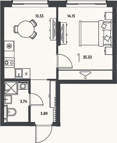 Планировка: 1-к, 35,3 м²