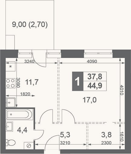 Планировка: 1-к, 42,2 м²
