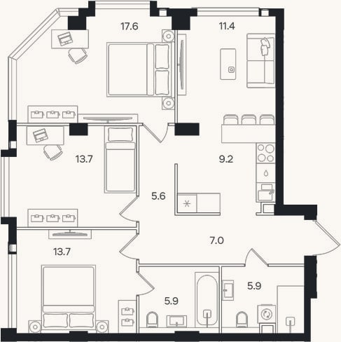 Планировка: 4+ к, 90 м²