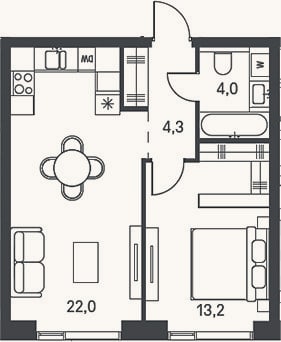 Планировка: 2-к, 43,5 м²