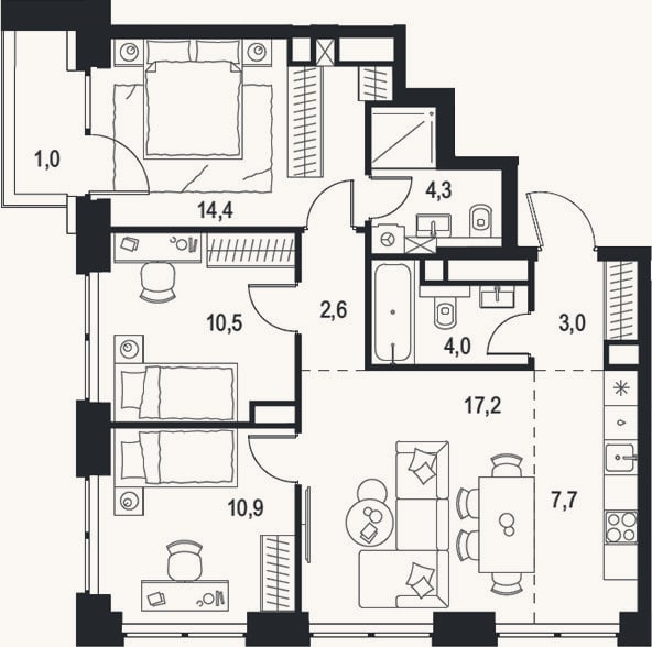 Планировка: 4+ к, 74,6 м²