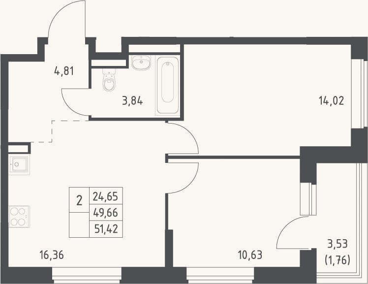 Планировка: 3-к, 49,6 м²