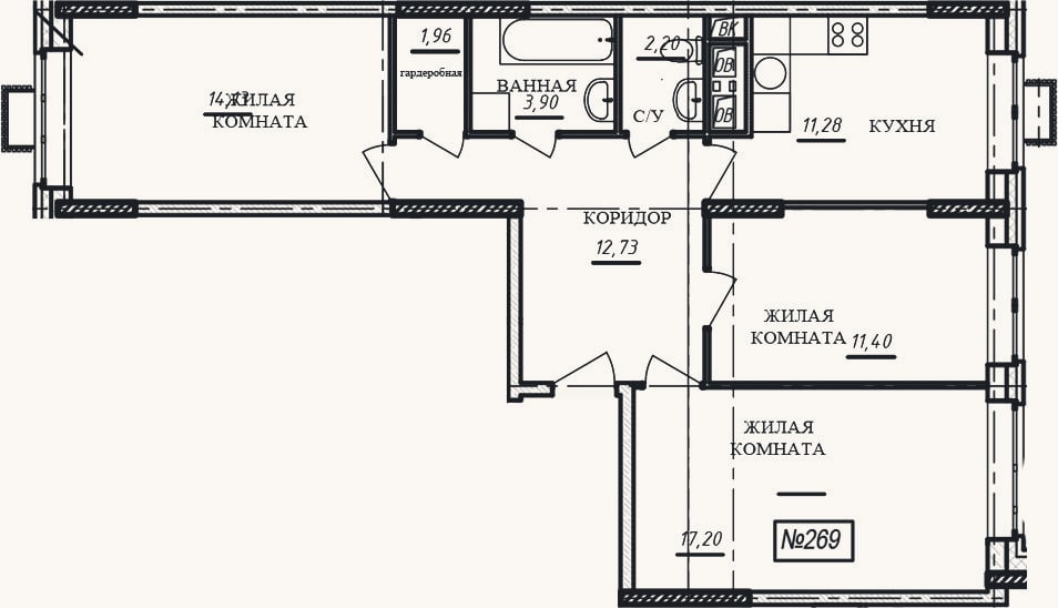 Планировка: 3-к, 74,8 м²