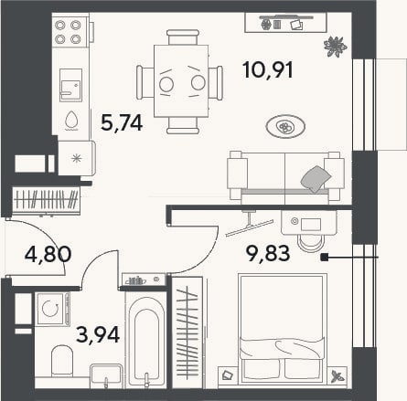 Планировка: 2-к, 35,2 м²