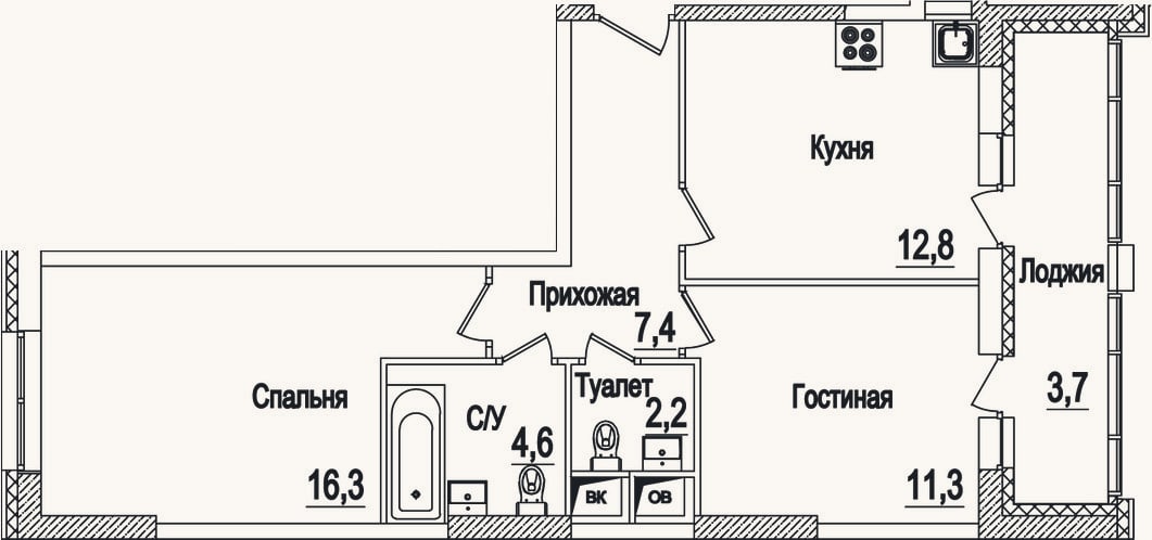 Планировка: 2-к, 54,6 м²
