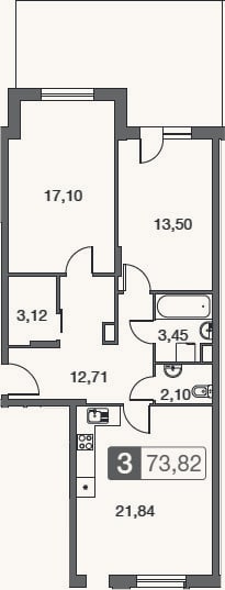 Планировка: 3-к, 73,8 м²