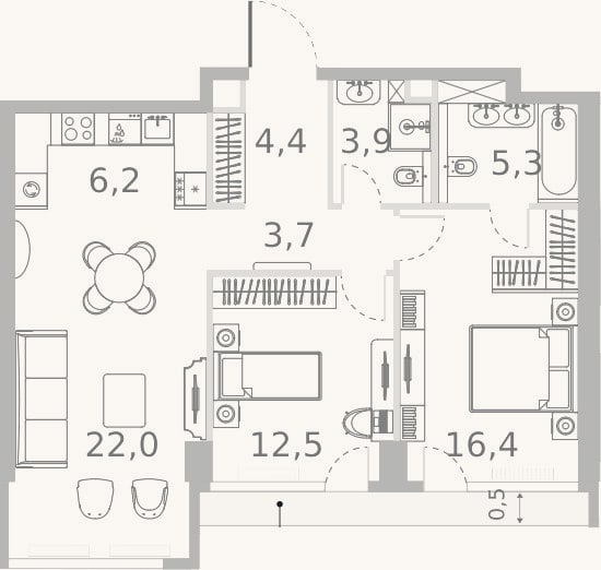 Планировка: 3-к, 74,4 м²