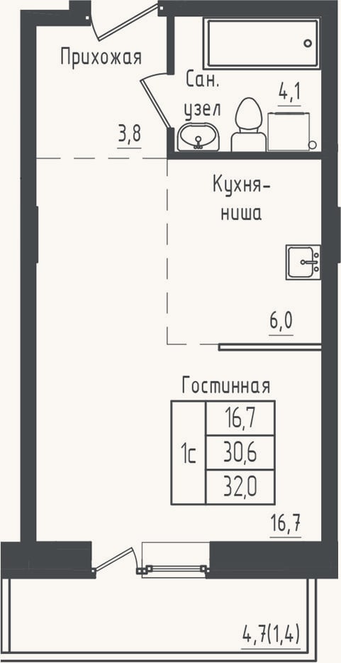 Планировка: Студия, 30,6 м²