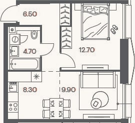 Планировка: 2-к, 42,1 м²