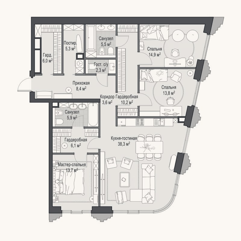 Планировка: 4+ к, 133,7 м²