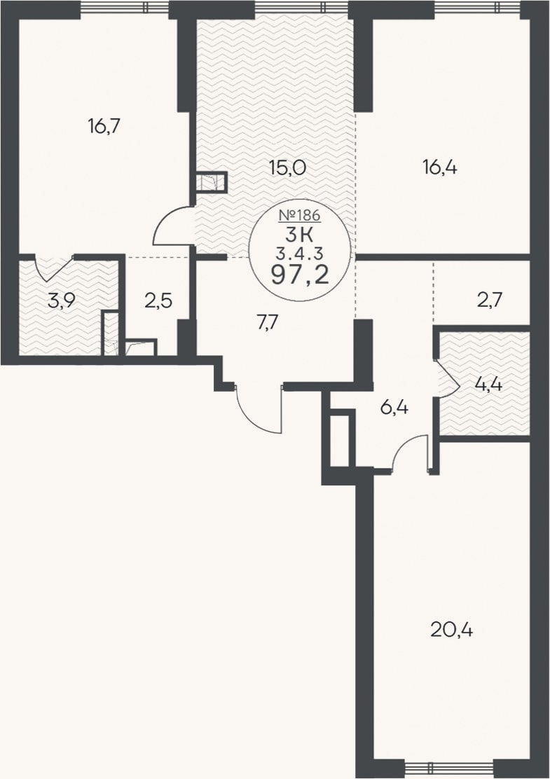 Планировка: 3-к, 97,2 м²