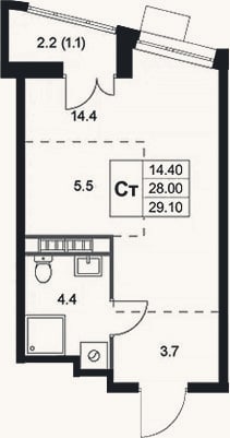 Планировка: Студия, 28 м²