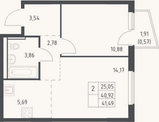 Планировка: 2-к, 40,9 м²
