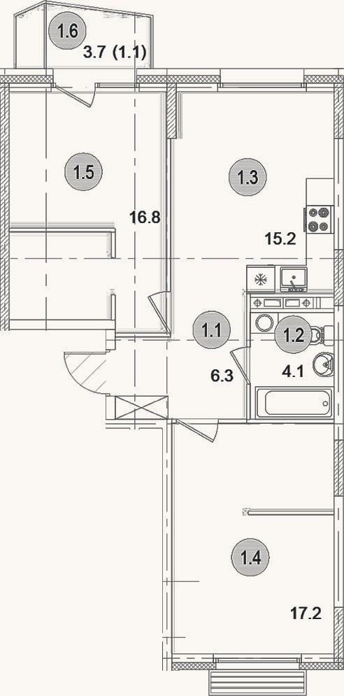 Планировка: 2-к, 59,6 м²