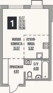 Планировка: Студия, 28,9 м²