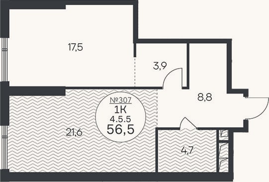 Планировка: 1-к, 56,5 м²