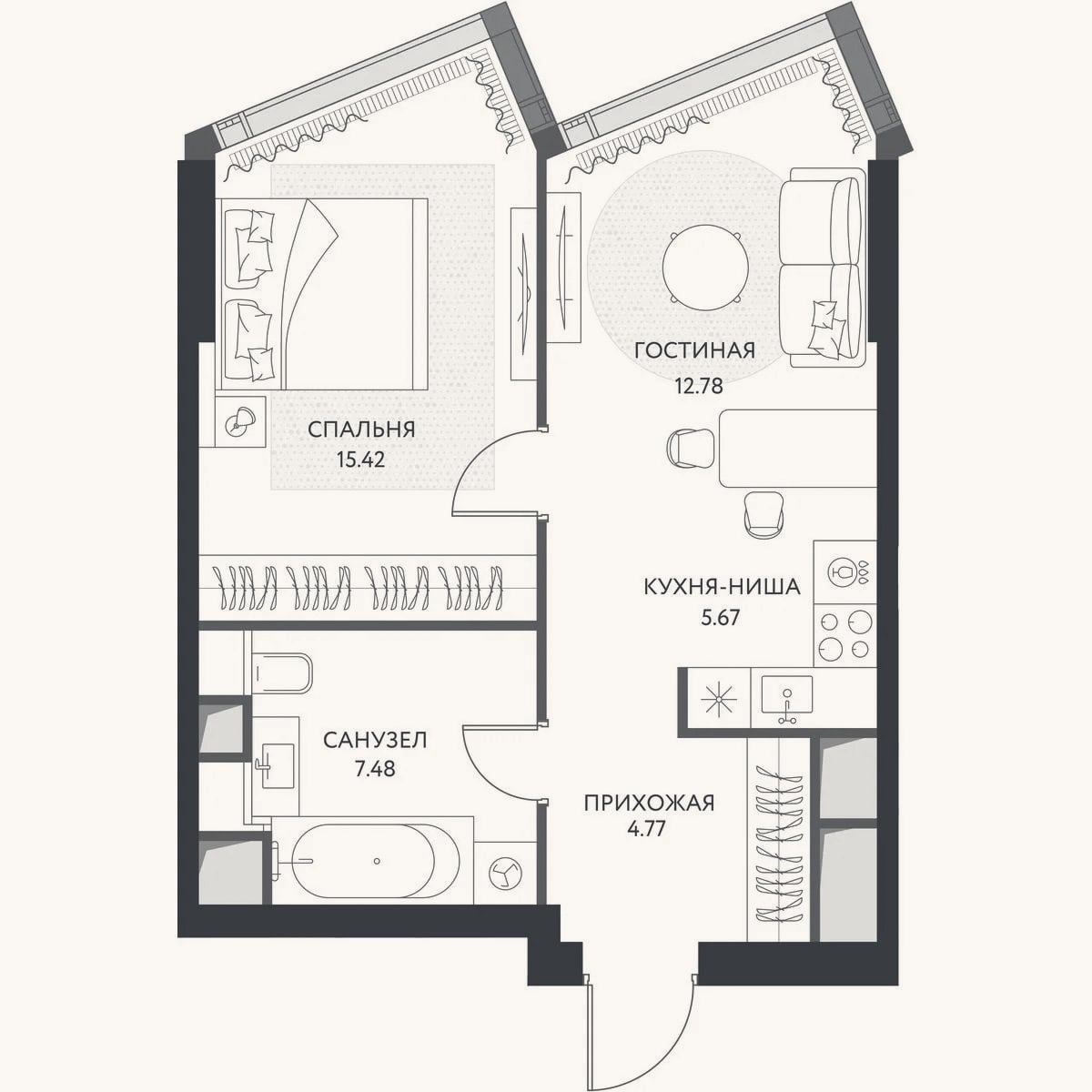 Планировка: 2-к, 46,2 м²