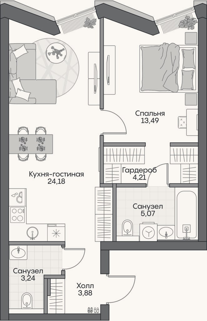 Планировка: 2-к, 52,8 м²