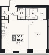 Планировка: 2-к, 58,9 м²