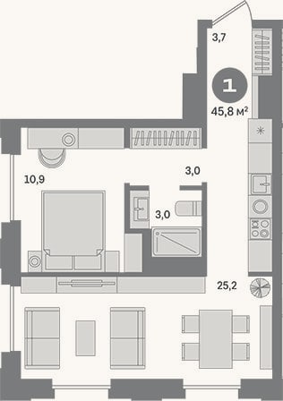 Планировка: 1-к, 45,8 м²