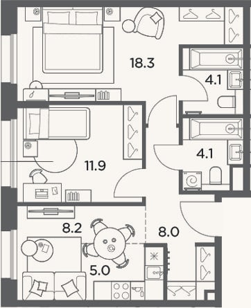 Планировка: 3-к, 59,6 м²