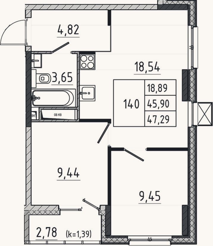 Планировка: 3-к, 45,9 м²