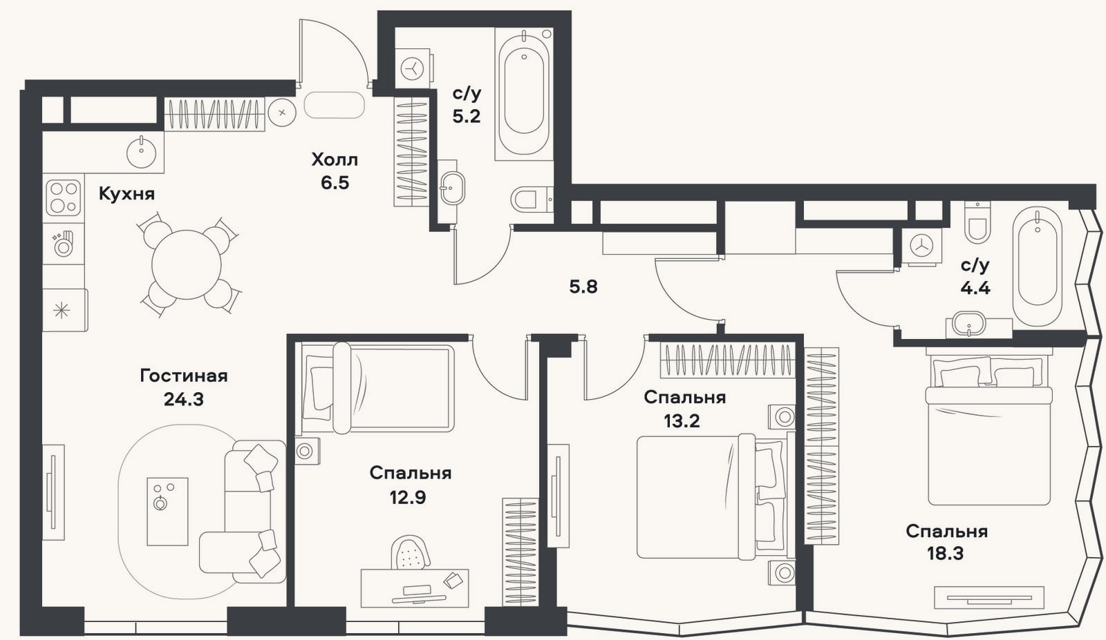 Планировка: 4+ к, 90,6 м²